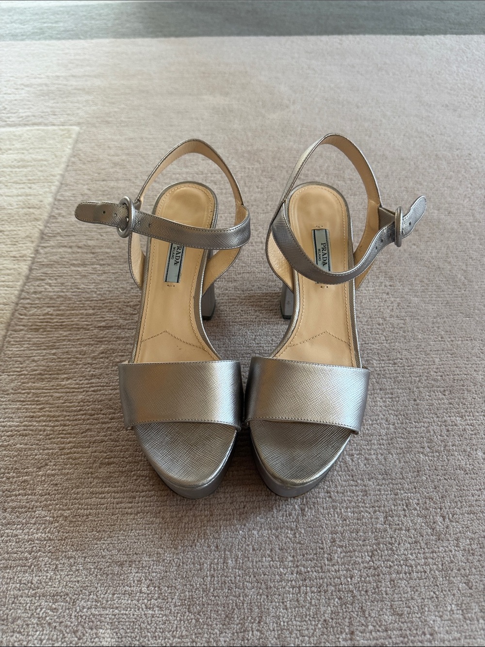 Prada Metallic Silver Leather Platform Heels
